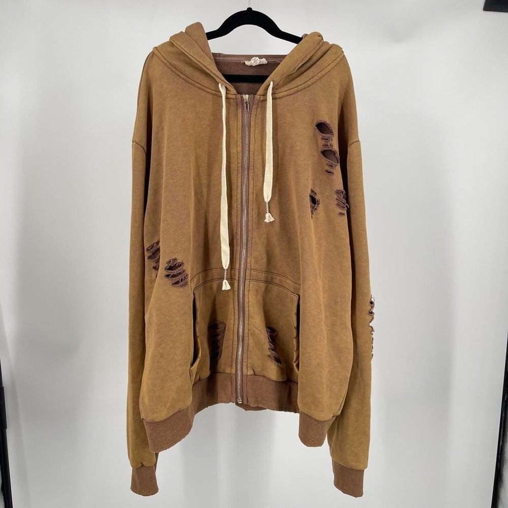 POL Women's Distressed Boho Oversized Hoodie L Cotton Zip Lounge Goblin Hippie